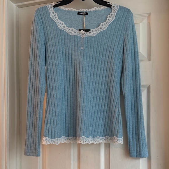 Flamingals Tops - Flamingals NWT Sky Blue Lace Trim Ribbed Blouse